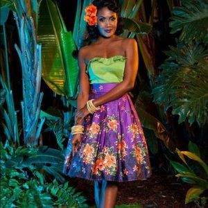 XL - EUC - Deadly Dames Kinky Box skirt in Purple Tropical/Hawaiian print